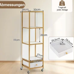 4 Stöckiges Standregal auf Rollen Bücherregal mit Holzplatte & Stoff-Schublade Bücherwagen Weiß