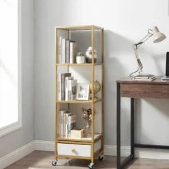 4 Stöckiges Standregal auf Rollen Bücherregal mit Holzplatte & Stoff-Schublade Bücherwagen Weiß