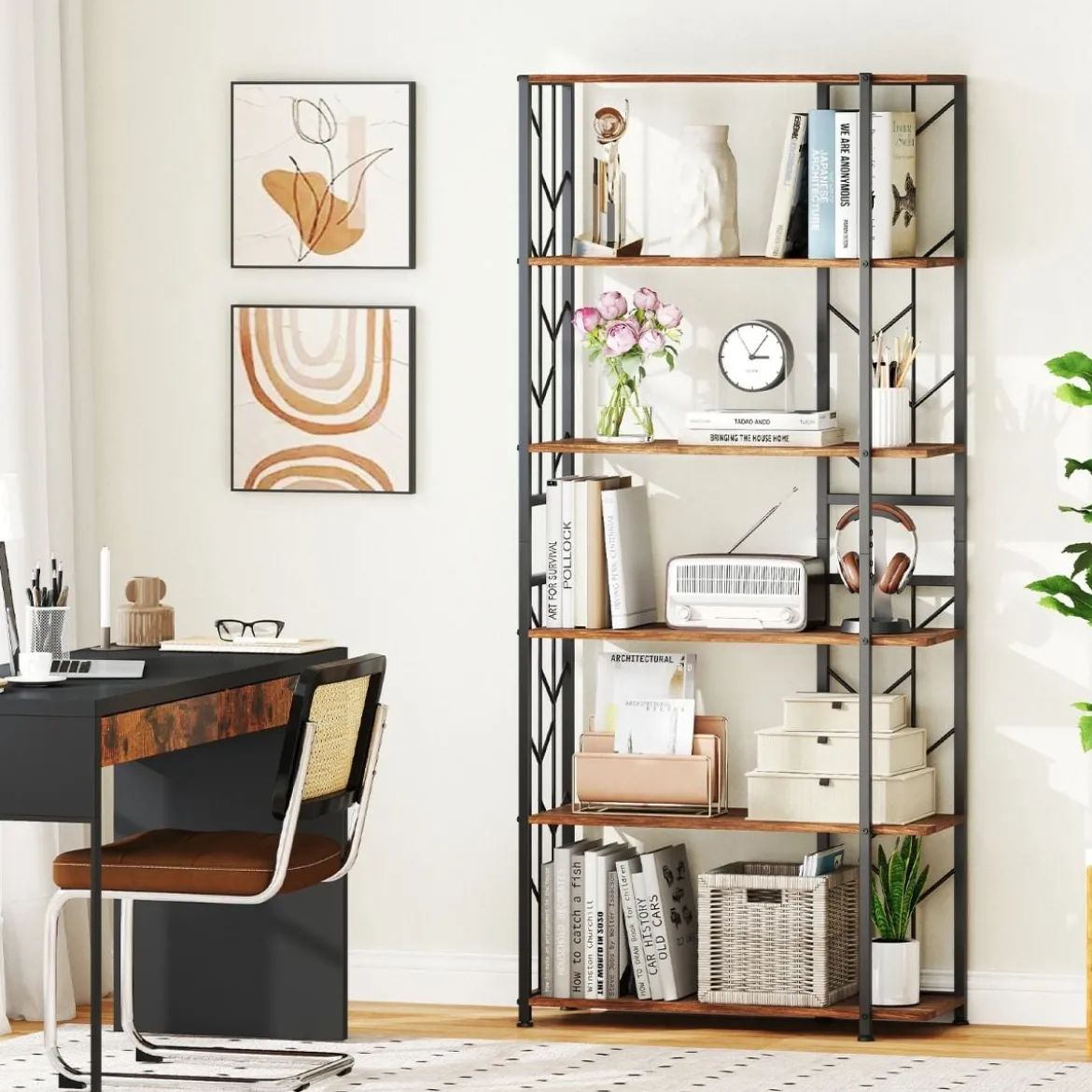 6 Stöckiges Standregal mit Metallrahmen Geometrisches Bücherregal Displayregal 80 x 31 x 180 cm