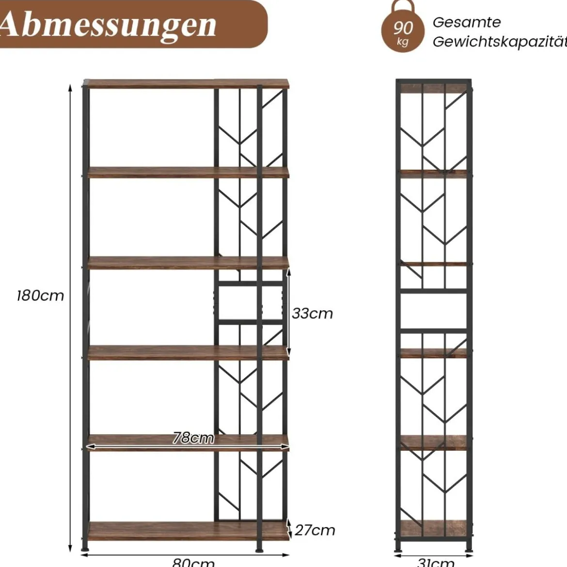 6 Stöckiges Standregal mit Metallrahmen Geometrisches Bücherregal Displayregal 80 x 31 x 180 cm