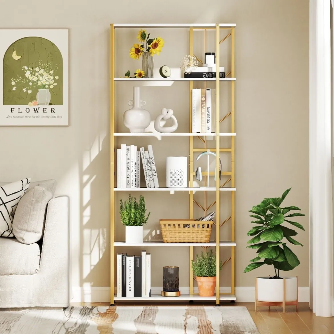 6 Stöckiges Standregal mit Metallrahmen Geometrisches Bücherregal Displayregal 80 x 31 x 180 cm