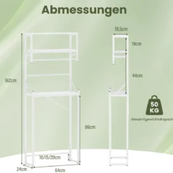 3-stöckiges Toilettenregal platzsparendes Badezimmerregal über die Toilette 64 x 24 x 162 cm Weiß