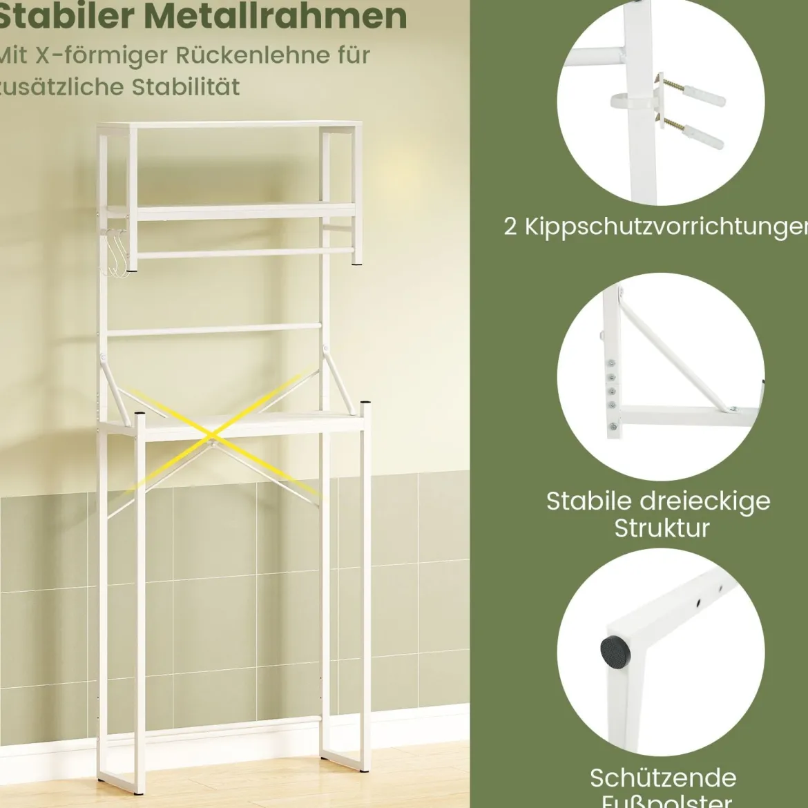 3-stöckiges Toilettenregal platzsparendes Badezimmerregal über die Toilette 64 x 24 x 162 cm Weiß