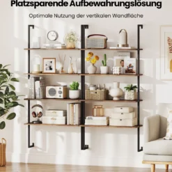 4-stöckiges Wandregal Industriell schwebendes Aufbewahrungs-Display mit Metallrahmen Braun