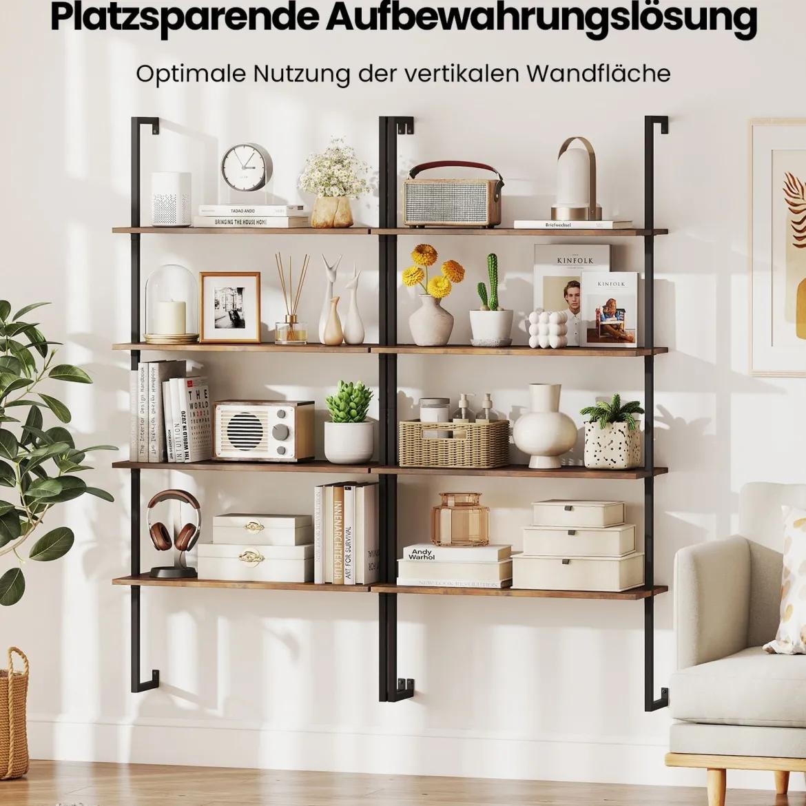 4-stöckiges Wandregal Industriell schwebendes Aufbewahrungs-Display mit Metallrahmen Braun