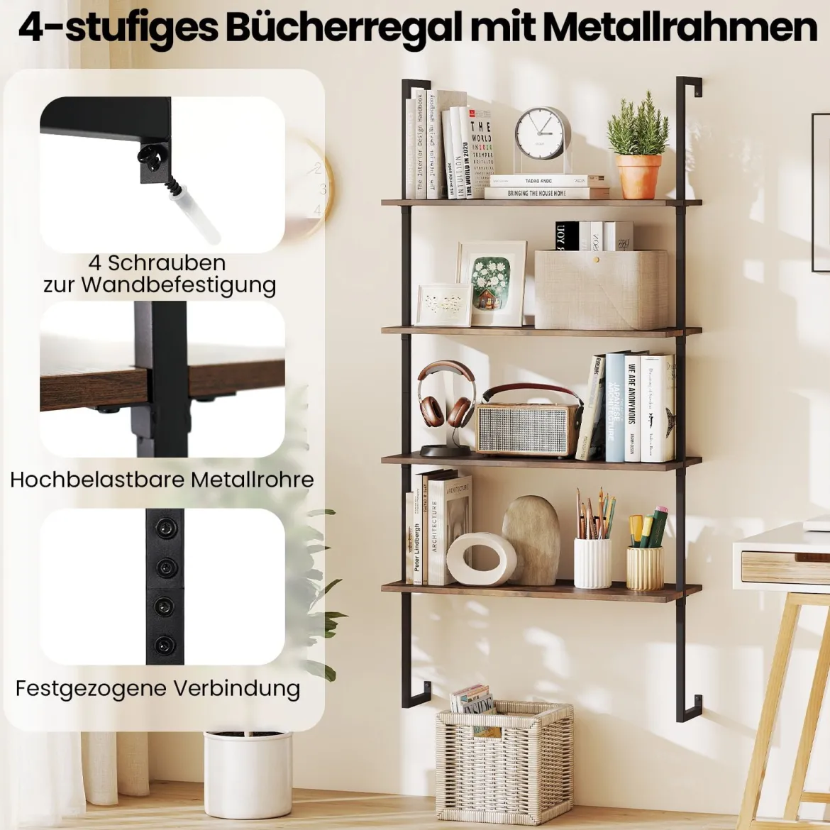 4-stöckiges Wandregal Industriell schwebendes Aufbewahrungs-Display mit Metallrahmen Braun