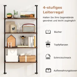 4-stöckiges Wandregal schwebendes Leiterregal Wandmotage Schweberegal Holz mit Metallrahmen 70 x 20,5 x 150 cm
