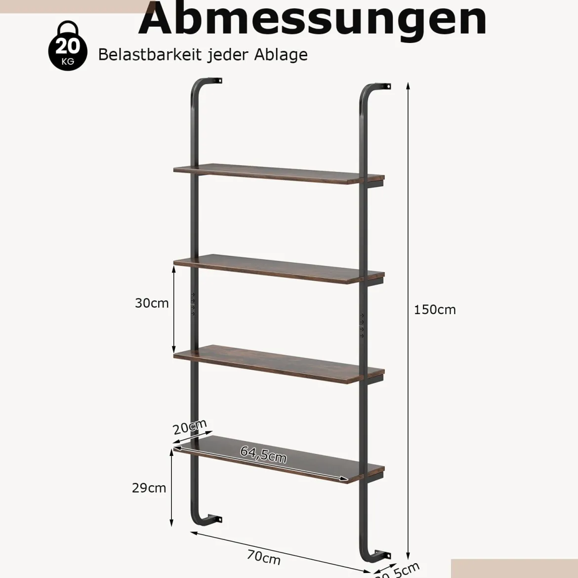 4-stöckiges Wandregal schwebendes Leiterregal Wandmotage Schweberegal Holz mit Metallrahmen 70 x 20,5 x 150 cm