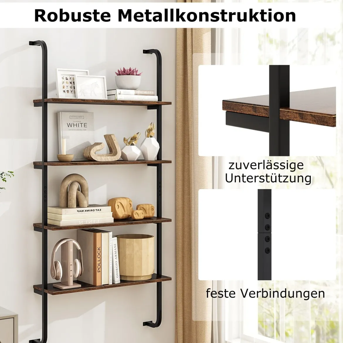 4-stöckiges Wandregal schwebendes Leiterregal Wandmotage Schweberegal Holz mit Metallrahmen 70 x 20,5 x 150 cm