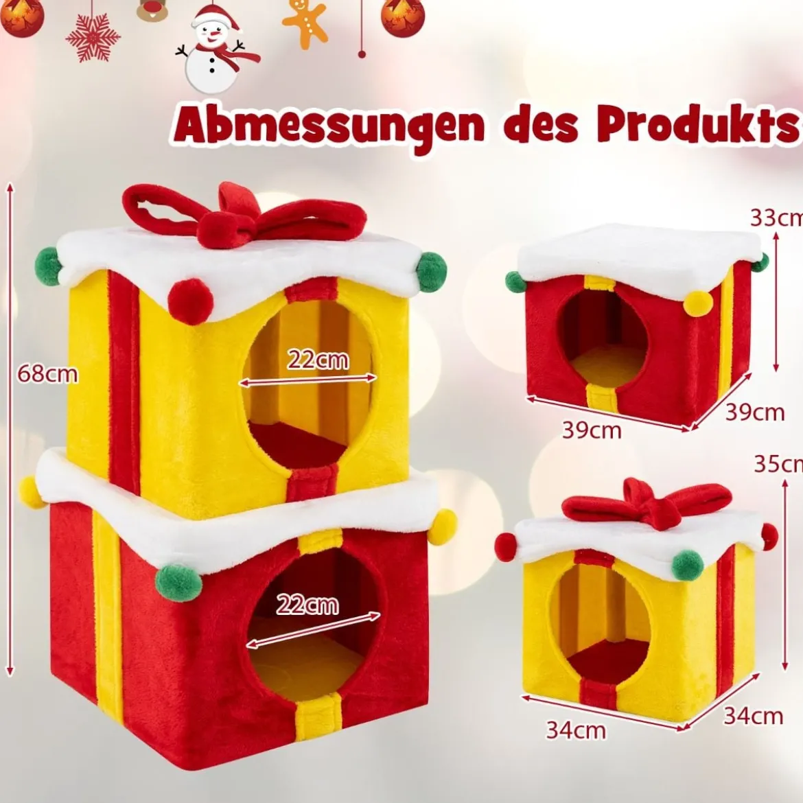 2-stöckige Weihnachten Katzenhöhle mit Schleife & Ball Stapelbare Geschenkboxen Katzenhaus