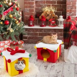 2-stöckige Weihnachten Katzenhöhle mit Schleife & Ball Stapelbare Geschenkboxen Katzenhaus