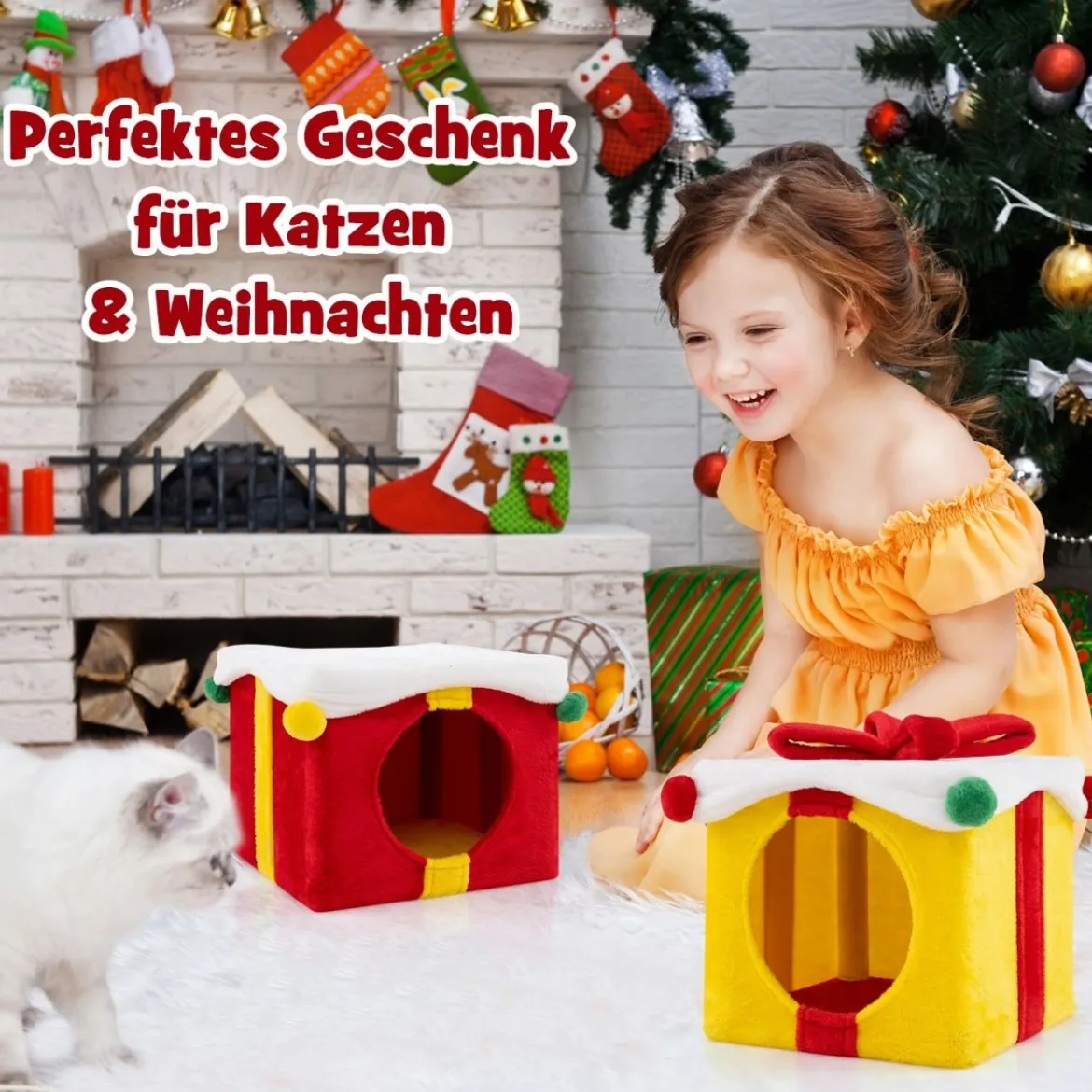 2-stöckige Weihnachten Katzenhöhle mit Schleife & Ball Stapelbare Geschenkboxen Katzenhaus
