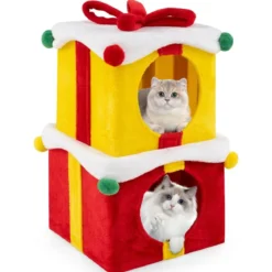 2-stöckige Weihnachten Katzenhöhle mit Schleife & Ball Stapelbare Geschenkboxen Katzenhaus