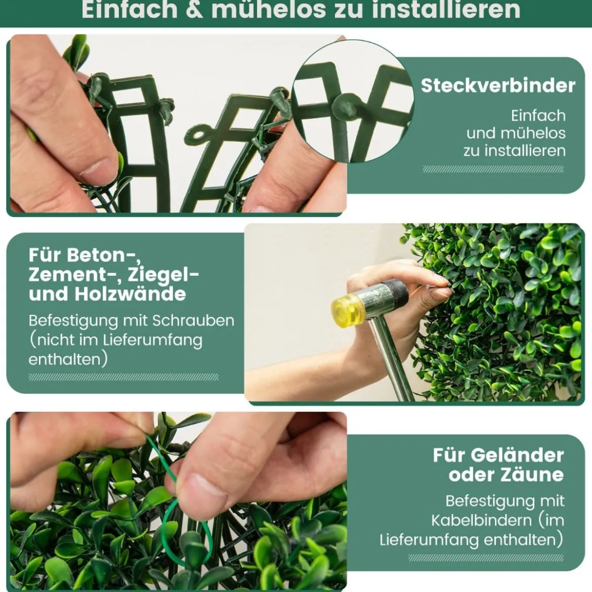 12 Stück Künstliche Hecke Pflanzenwand 50 x 50 cm Paneele mit Buchsbaum-Blättern Grün