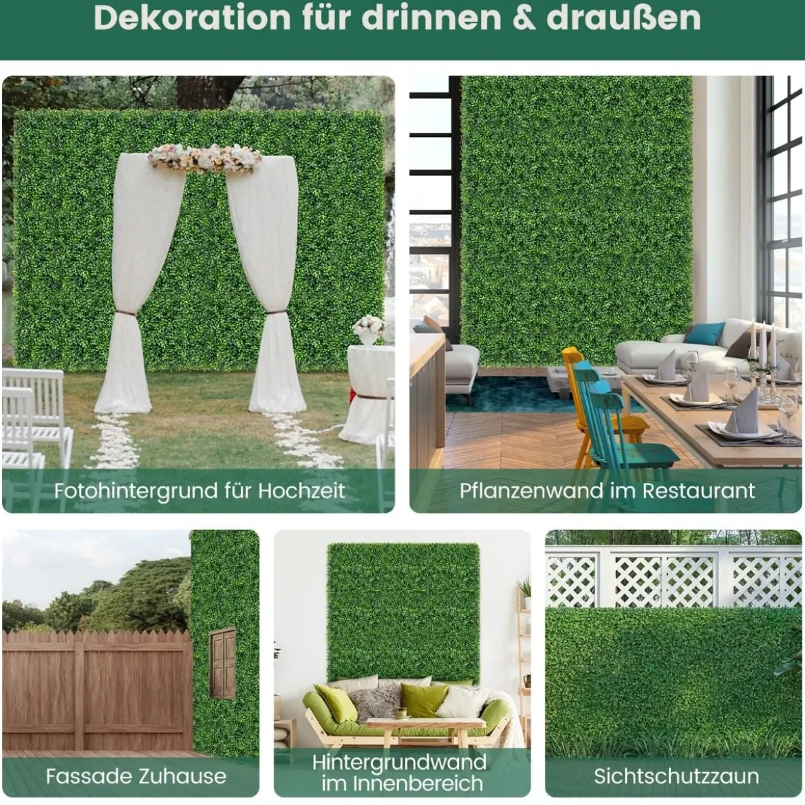 12 Stück Künstliche Hecke Pflanzenwand 50 x 50 cm Paneele mit Buchsbaum-Blättern Grün