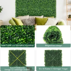 12 Stück Künstliche Hecke Pflanzenwand 50 x 50 cm Paneele mit Buchsbaum-Blättern Grün