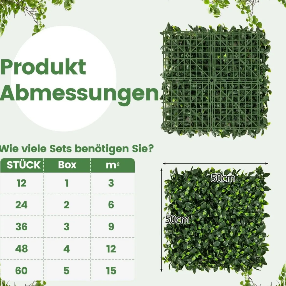 12 Stück Künstliche Hecke Pflanzenwand 50,5 x 50,5 cm Simulierter Rasen Kunstpflanze Grün