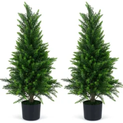 2 Stück Künstliche Zedernbäume 90 cm Kunstpflanze im Topf Realistische Dekopflanze mit PE-Stamm