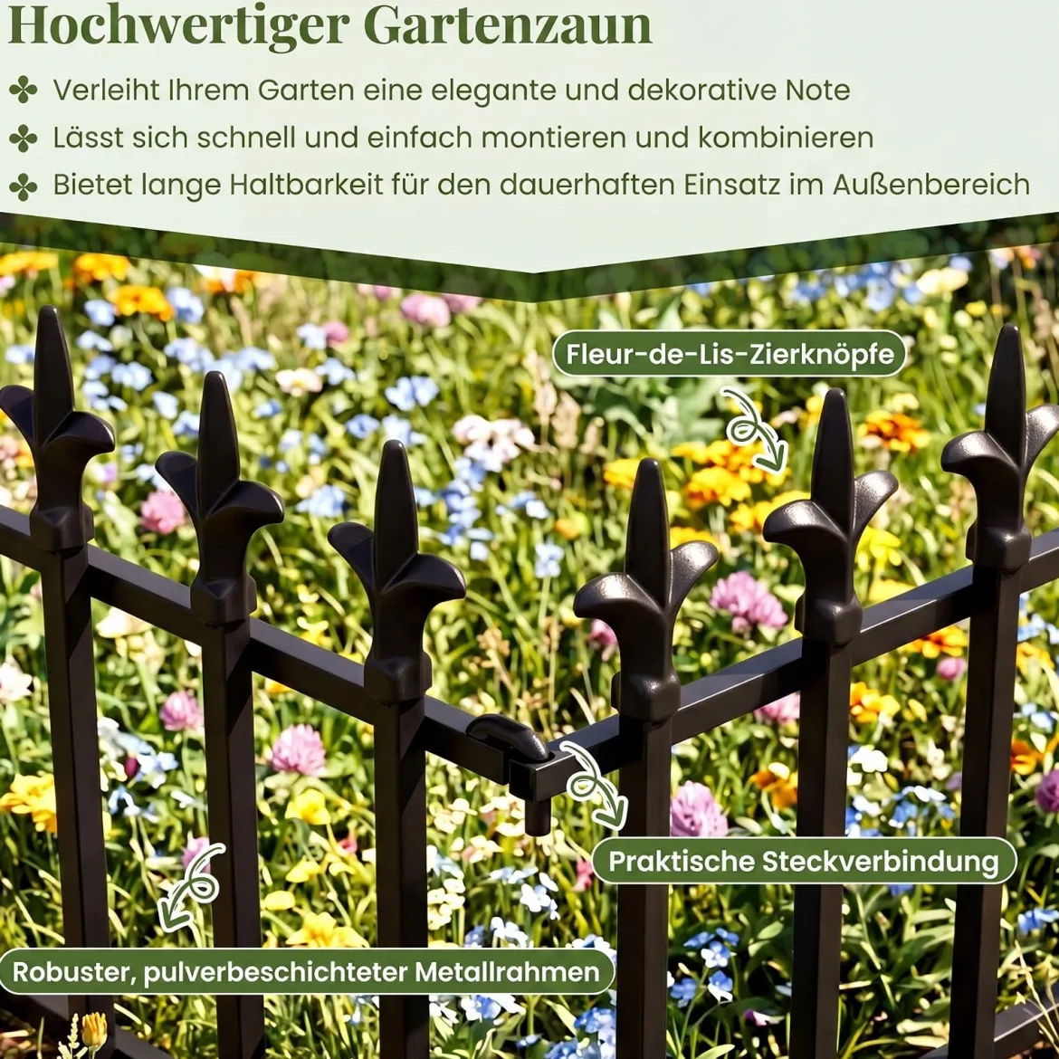 5 Stück Metall Steckzaun Dekorativer Gartenzaun aus Metall Rostfrei 56 x 44 cm Schwarz