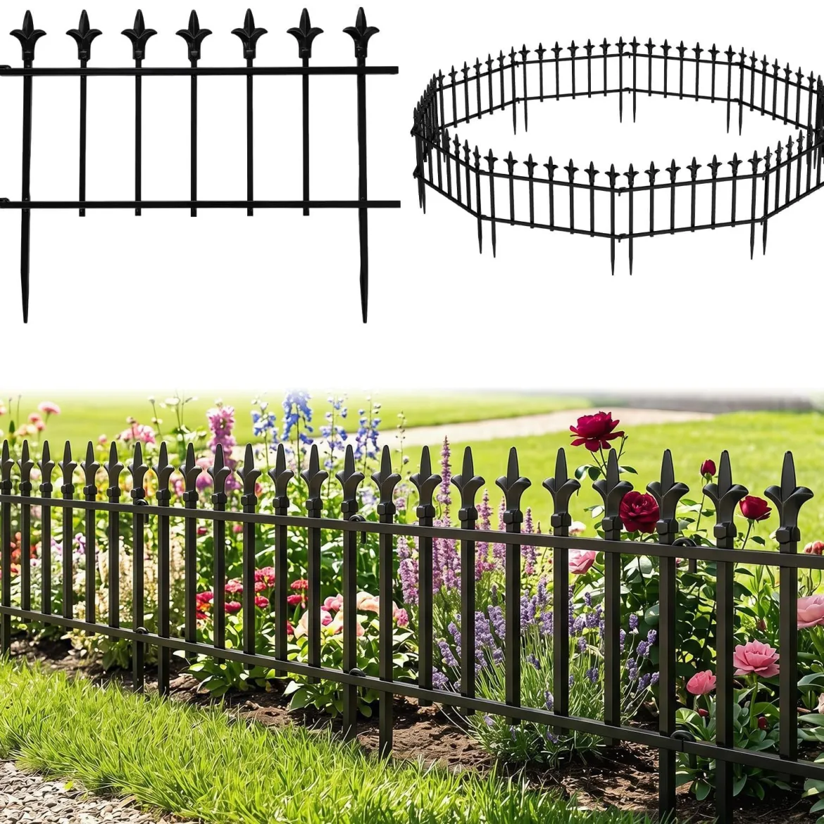 10 Stück Metall Steckzaun Dekorativer Gartenzaun aus Metall Rostfrei 56 x 44 cm Schwarz