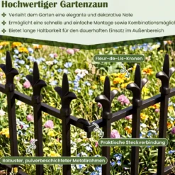 10 Stück Metall Steckzaun Dekorativer Gartenzaun aus Metall Rostfrei 56 x 44 cm Schwarz