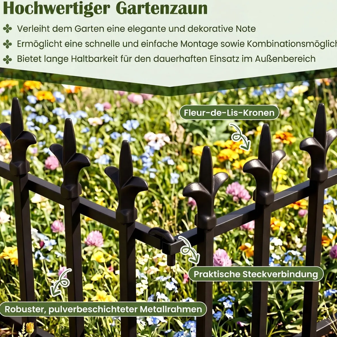 10 Stück Metall Steckzaun Dekorativer Gartenzaun aus Metall Rostfrei 56 x 44 cm Schwarz