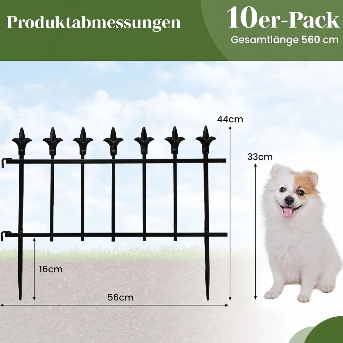 10 Stück Metall Steckzaun Dekorativer Gartenzaun aus Metall Rostfrei 56 x 44 cm Schwarz