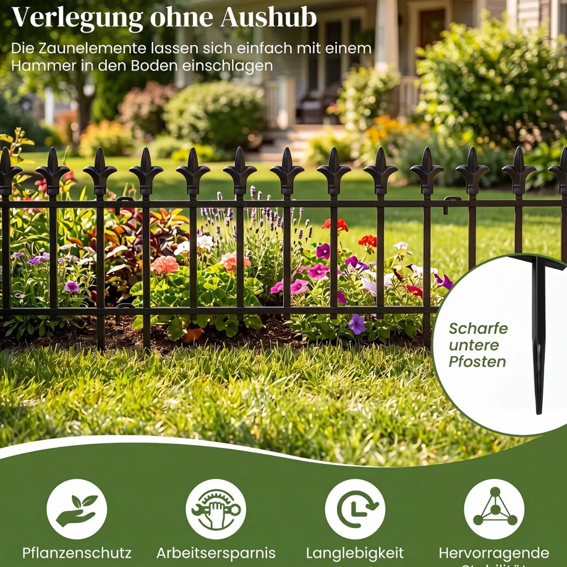10 Stück Metall Steckzaun Dekorativer Gartenzaun aus Metall Rostfrei 56 x 44 cm Schwarz