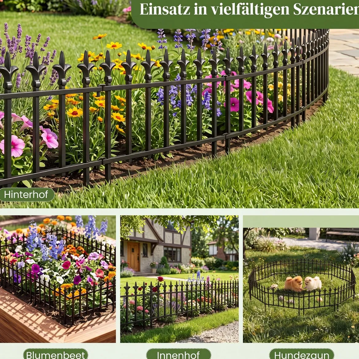 10 Stück Metall Steckzaun Dekorativer Gartenzaun aus Metall Rostfrei 56 x 44 cm Schwarz