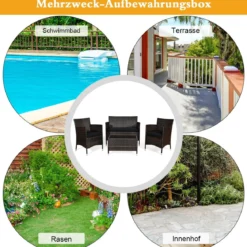 4 Stück Outdoor Terrassenmöbel Set aus PE Rattan mit gehärtetem Glastisch & Kissen Schwarz