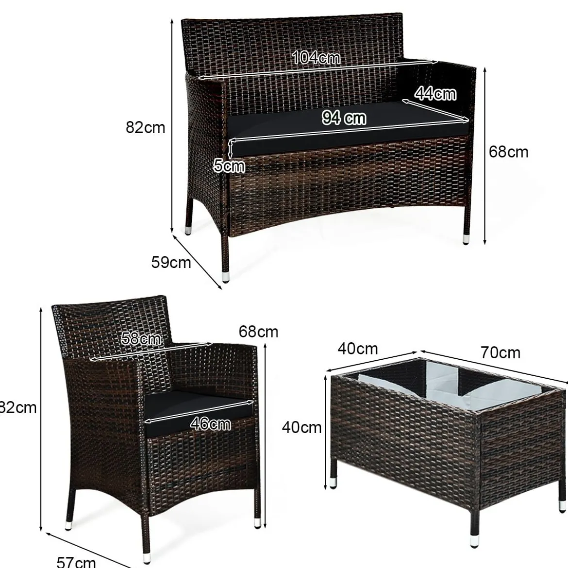 4 Stück Outdoor Terrassenmöbel Set aus PE Rattan mit gehärtetem Glastisch & Kissen Schwarz