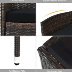 4 Stück Outdoor Terrassenmöbel Set aus PE Rattan mit gehärtetem Glastisch & Kissen Schwarz