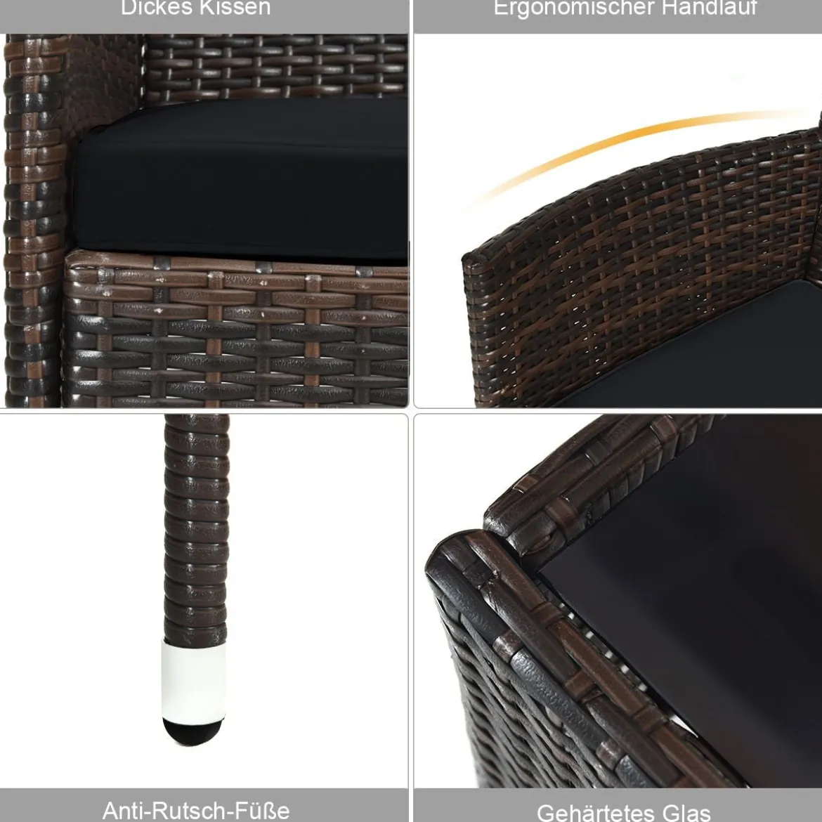 4 Stück Outdoor Terrassenmöbel Set aus PE Rattan mit gehärtetem Glastisch & Kissen Schwarz