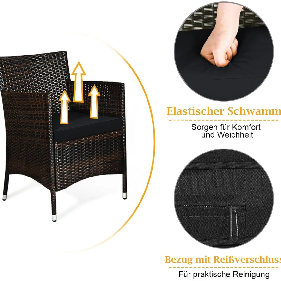 4 Stück Outdoor Terrassenmöbel Set aus PE Rattan mit gehärtetem Glastisch & Kissen Schwarz