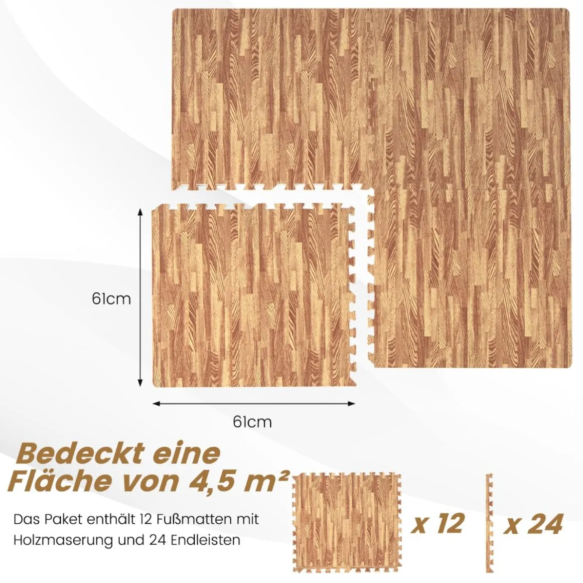 12 Stück Schutzmatte aus Eva mit Holzmasserung Puzzlematte für Bodenschutz 61 x 61 cm Natur