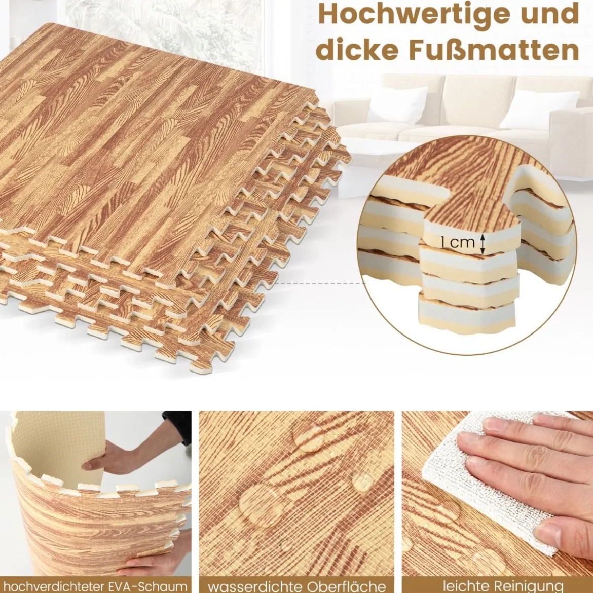 12 Stück Schutzmatte aus Eva mit Holzmasserung Puzzlematte für Bodenschutz 61 x 61 cm Natur
