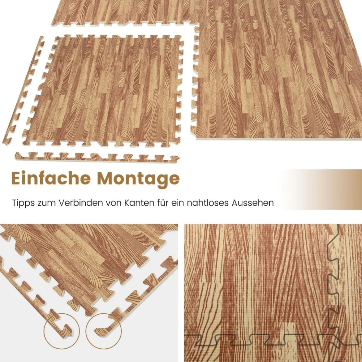 12 Stück Schutzmatte aus Eva mit Holzmasserung Puzzlematte für Bodenschutz 61 x 61 cm Natur