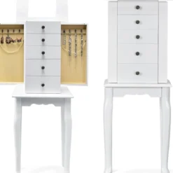 Stehender Schmuckschrank mit Aufklappbarem Spiegel & 4 Schubladen 8 Halskettenhaken & 2 Regalen Weiß