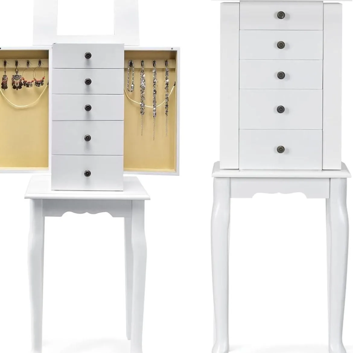 Stehender Schmuckschrank mit Aufklappbarem Spiegel & 4 Schubladen 8 Halskettenhaken & 2 Regalen Weiß