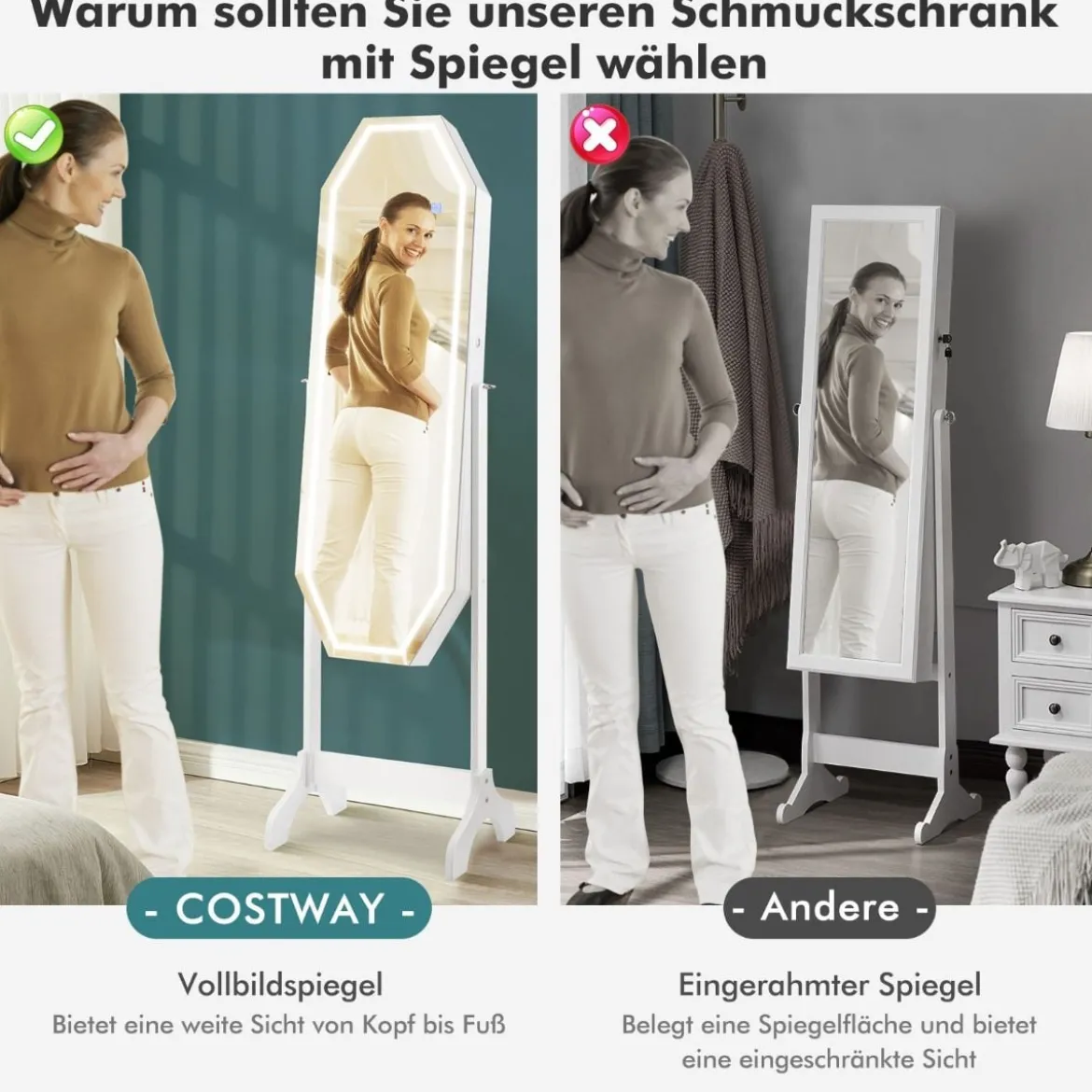 Stehender Schmuckschrank mit LED-Spiegel in Voller Länge 44 x 40 x 161 cm Weiß