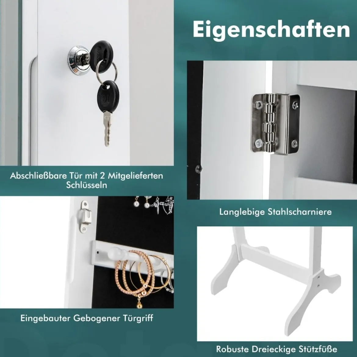 Stehender Schmuckschrank mit LED-Spiegel in Voller Länge 44 x 40 x 161 cm Weiß