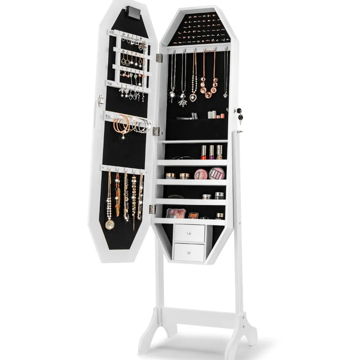 Stehender Schmuckschrank mit LED-Spiegel in Voller Länge 44 x 40 x 161 cm Weiß