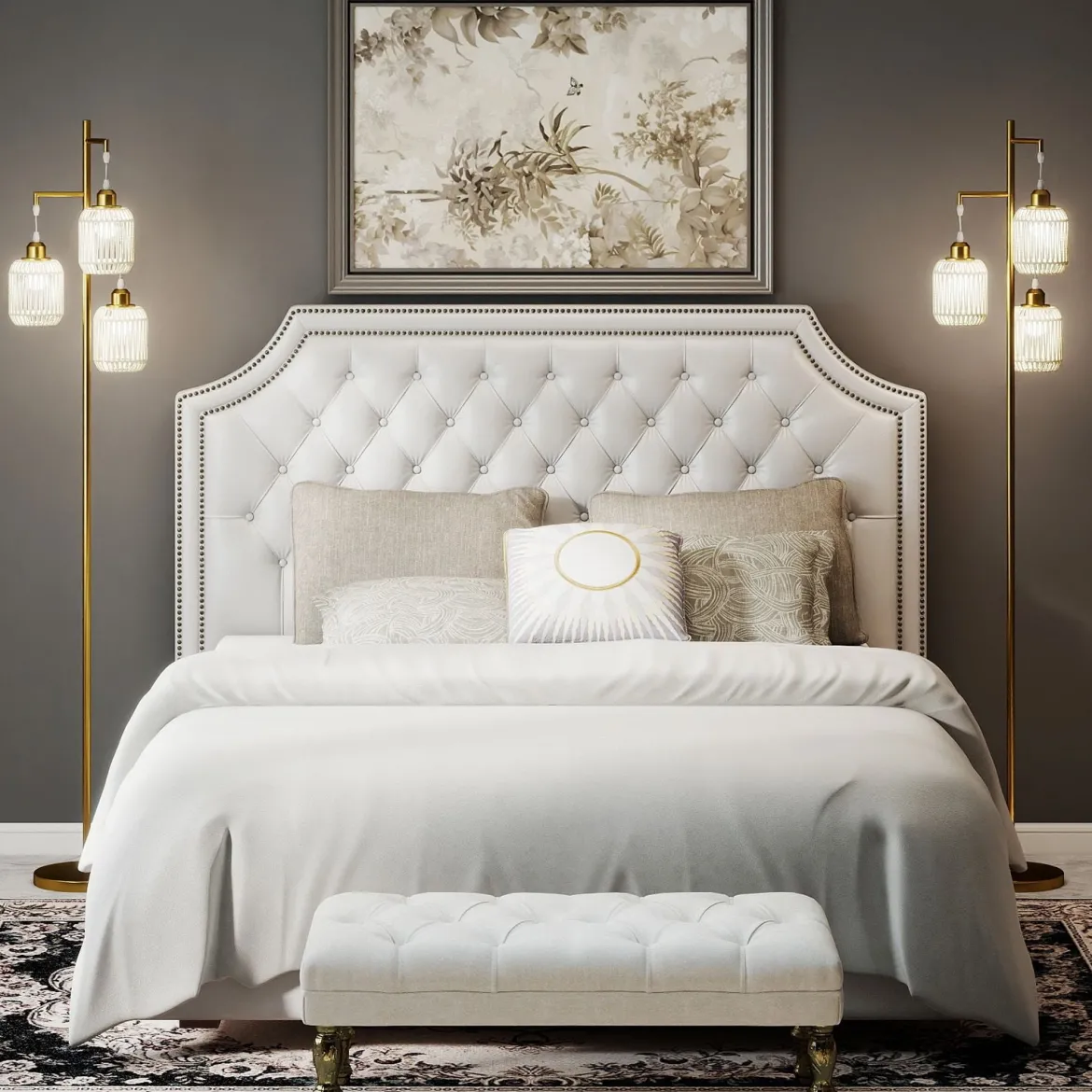 Stehlampe 173 cm Leselampe mit 3 E27 Fassungen & Fußschalter Stehleuchte Modern Schwarz/Gold