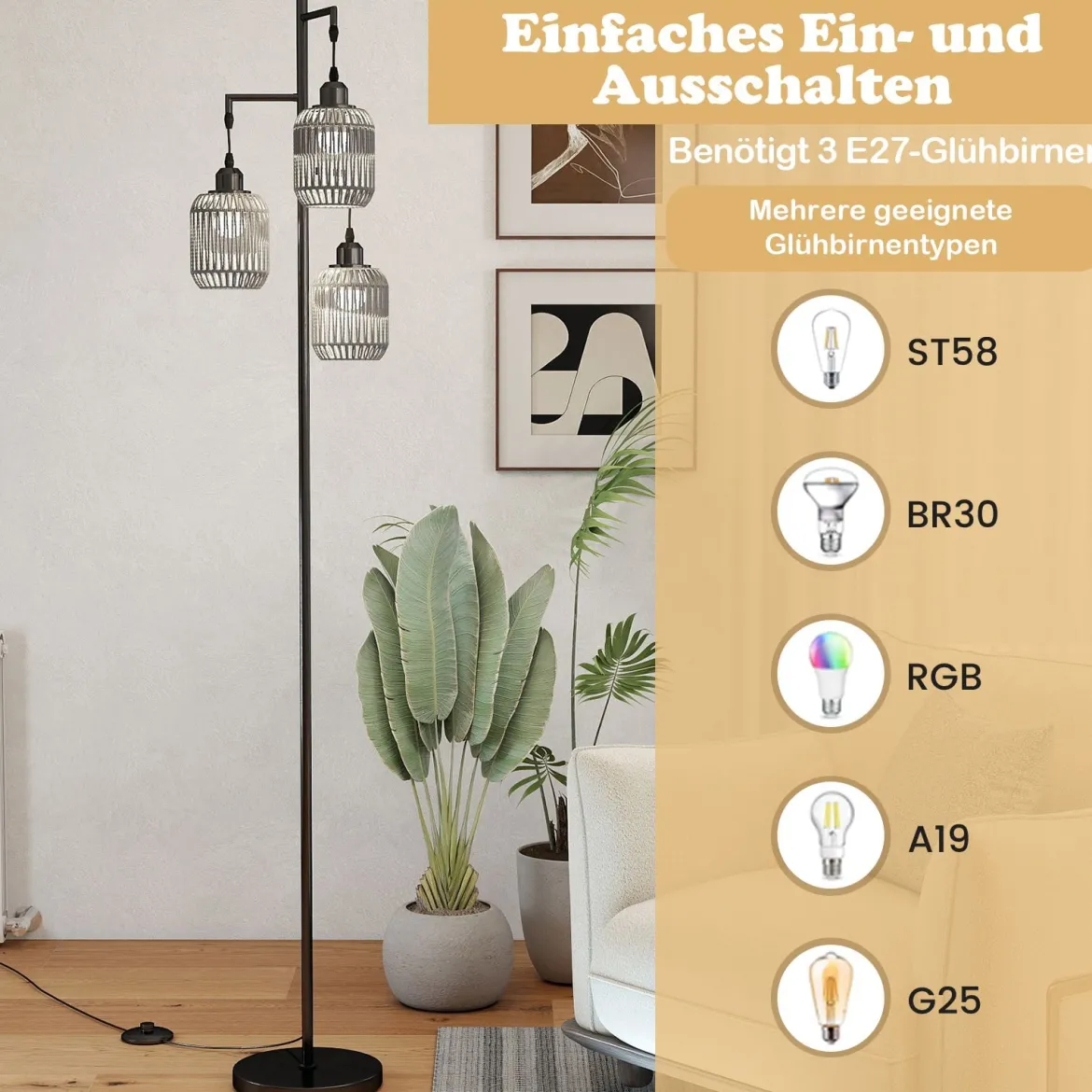 Stehlampe 173 cm Leselampe mit 3 E27 Fassungen & Fußschalter Stehleuchte Modern Schwarz/Gold