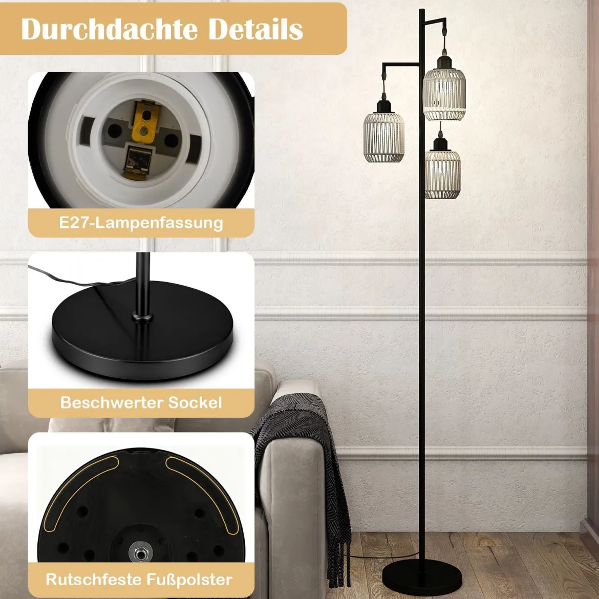 Stehlampe 173 cm Leselampe mit 3 E27 Fassungen & Fußschalter Stehleuchte Modern Schwarz/Gold