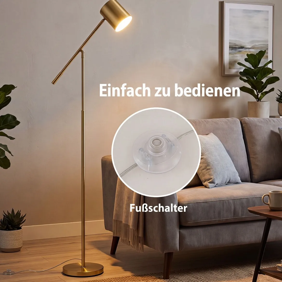 Stehlampe 175 cm Leselampe mit Verstellbarem Kopf & Arm Wohnzimmerlampe mit E27 Fassung Golden