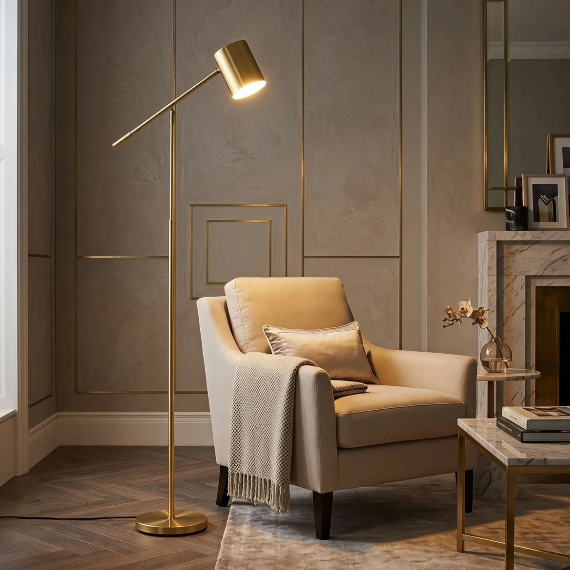 Stehlampe 175 cm Leselampe mit Verstellbarem Kopf & Arm Wohnzimmerlampe mit E27 Fassung Golden