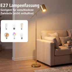 Stehlampe 175 cm Leselampe mit Verstellbarem Kopf & Arm Wohnzimmerlampe mit E27 Fassung Golden