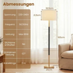 Stehlampe 165 cm Stehleuchte mit Leinen-Lampenschirm E27 Fassung & Fußschalter