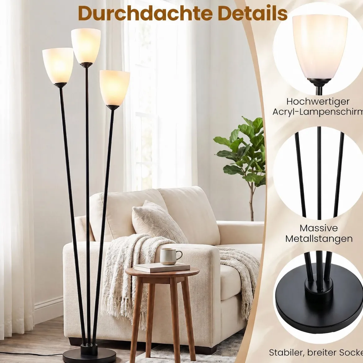 Stehlampe 153 cm Stehleuchte mit 3 E27-fassungen Leselampe 3 Flammig mit Lampenschirm Schwarz